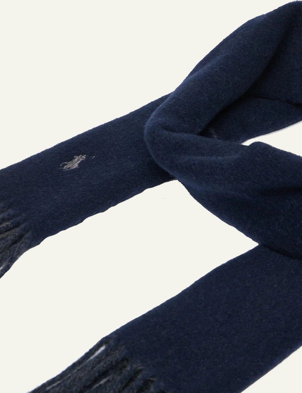 Women's Polo Ralph Lauren wool blend scarf in navy blue with fringed edges and embroidered Pony logo detail