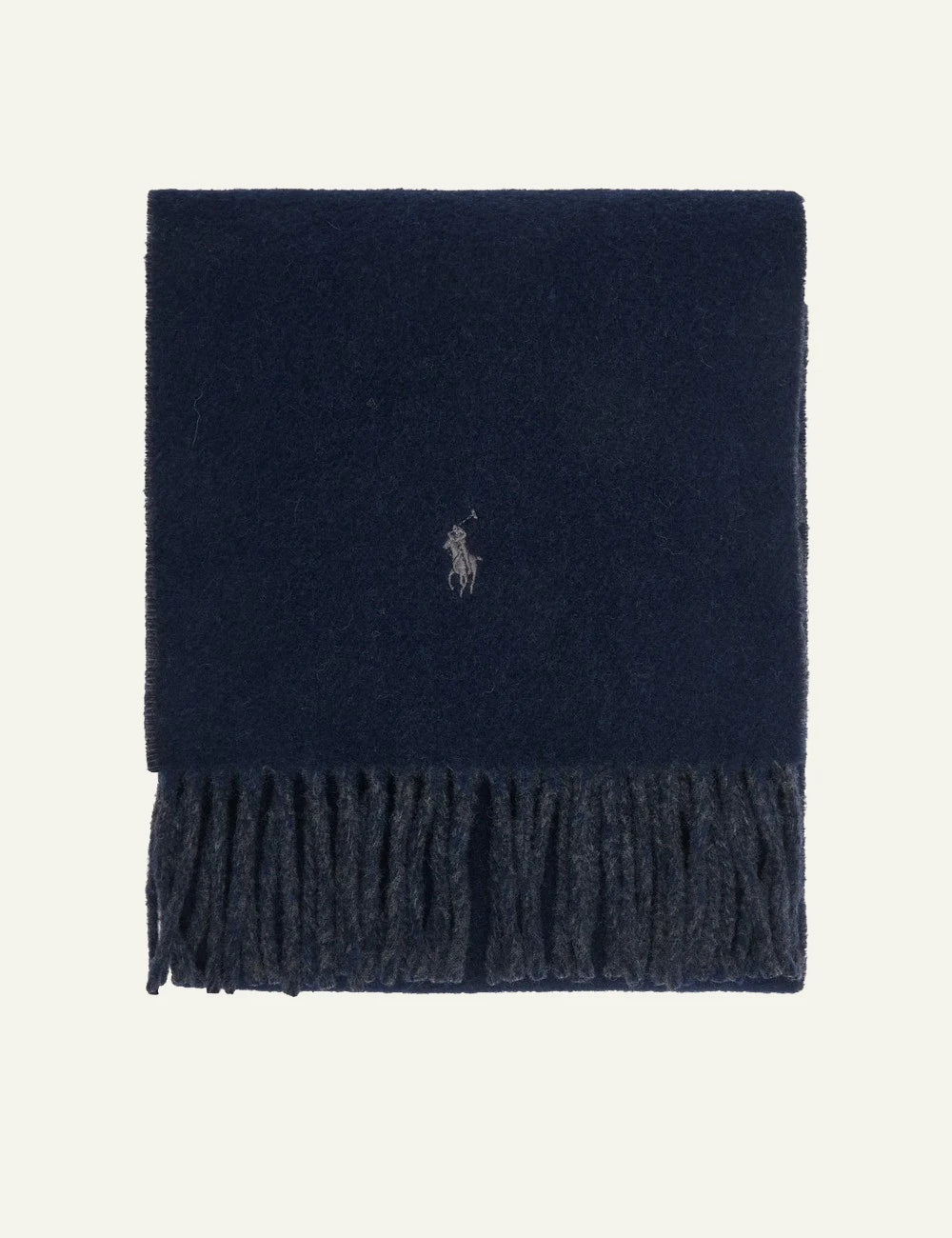 Women's Polo Ralph Lauren wool blend scarf in navy blue with fringed edges and embroidered Pony logo