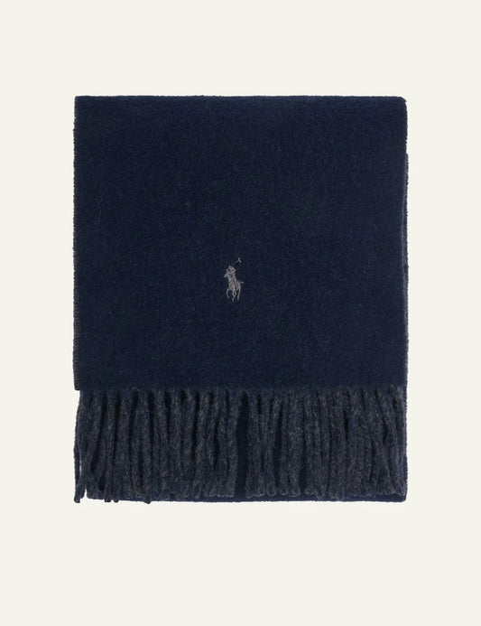 Women's Polo Ralph Lauren wool blend scarf in navy blue with fringed edges and embroidered Pony logo