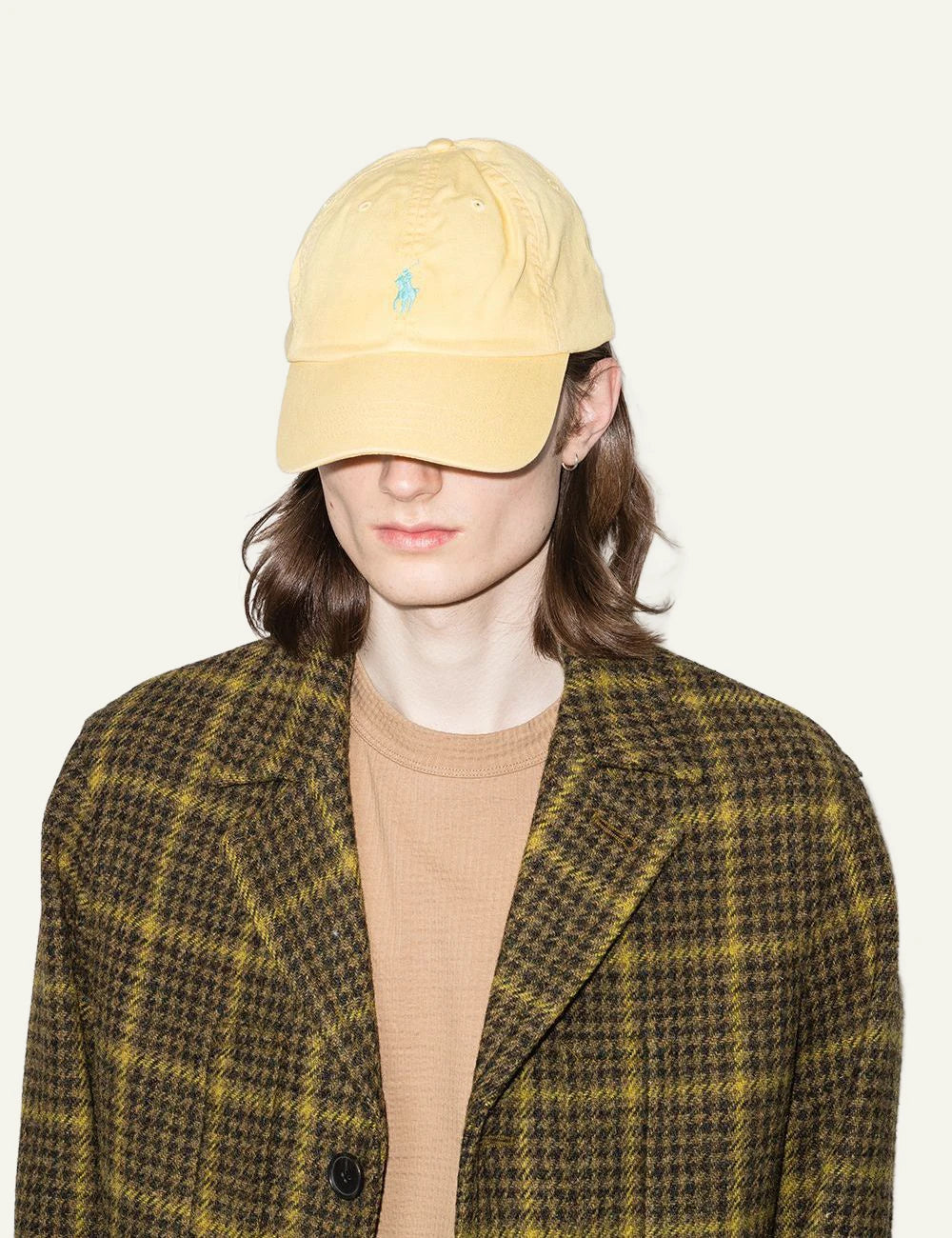 Polo Ralph Lauren yellow cap with light blue Big Pony logo model view