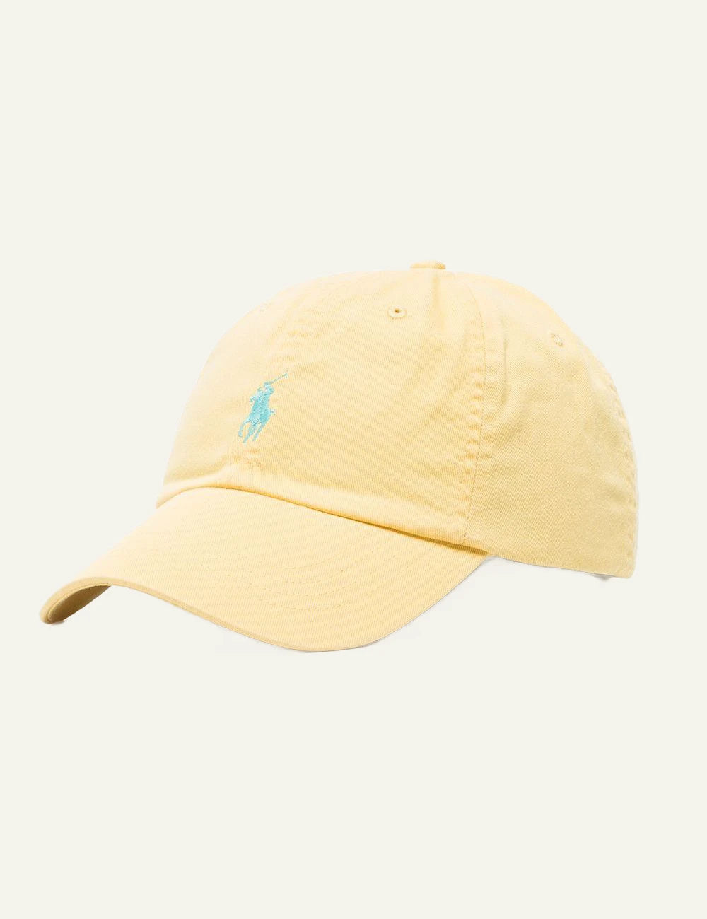 Polo Ralph Lauren yellow cap with light blue Big Pony logo side view