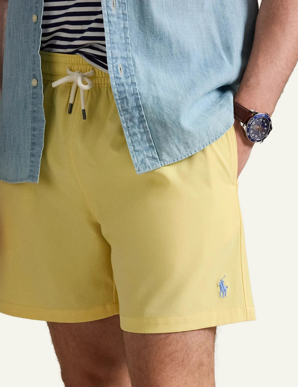 polo ralph lauren yellow swim shorts classic fit pony logo front detail view