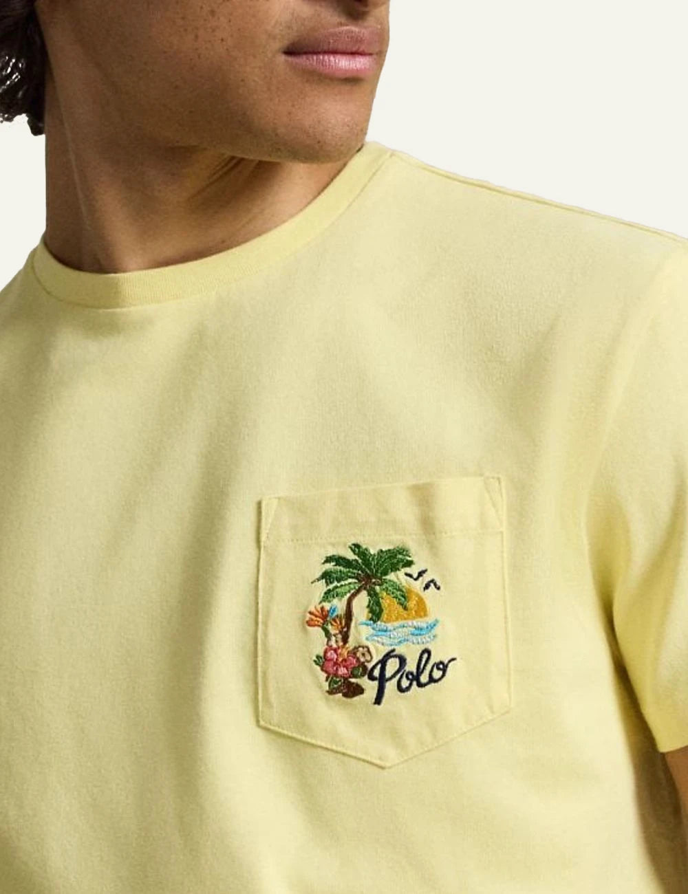 polo ralph lauren yellow t-shirt pocket tropical logo cotton classic fit front detail view