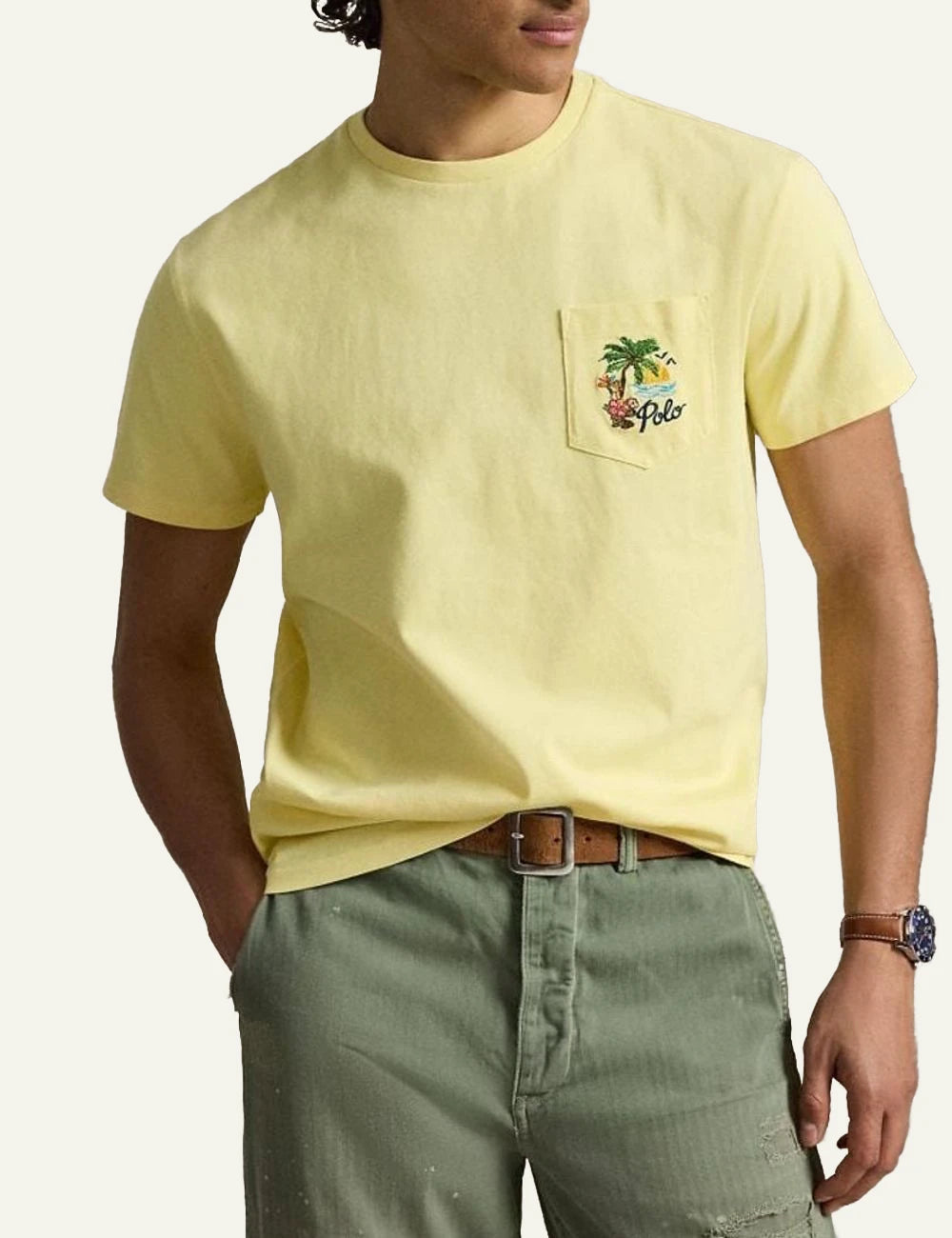 polo ralph lauren yellow t-shirt pocket tropical logo cotton classic fit front model view