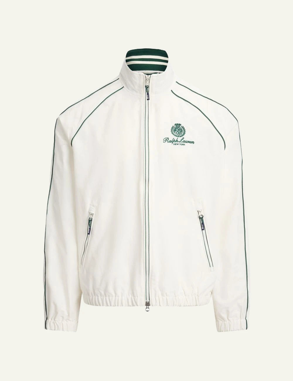 Polo Ralph Lauren white zip jacket with green piping front view