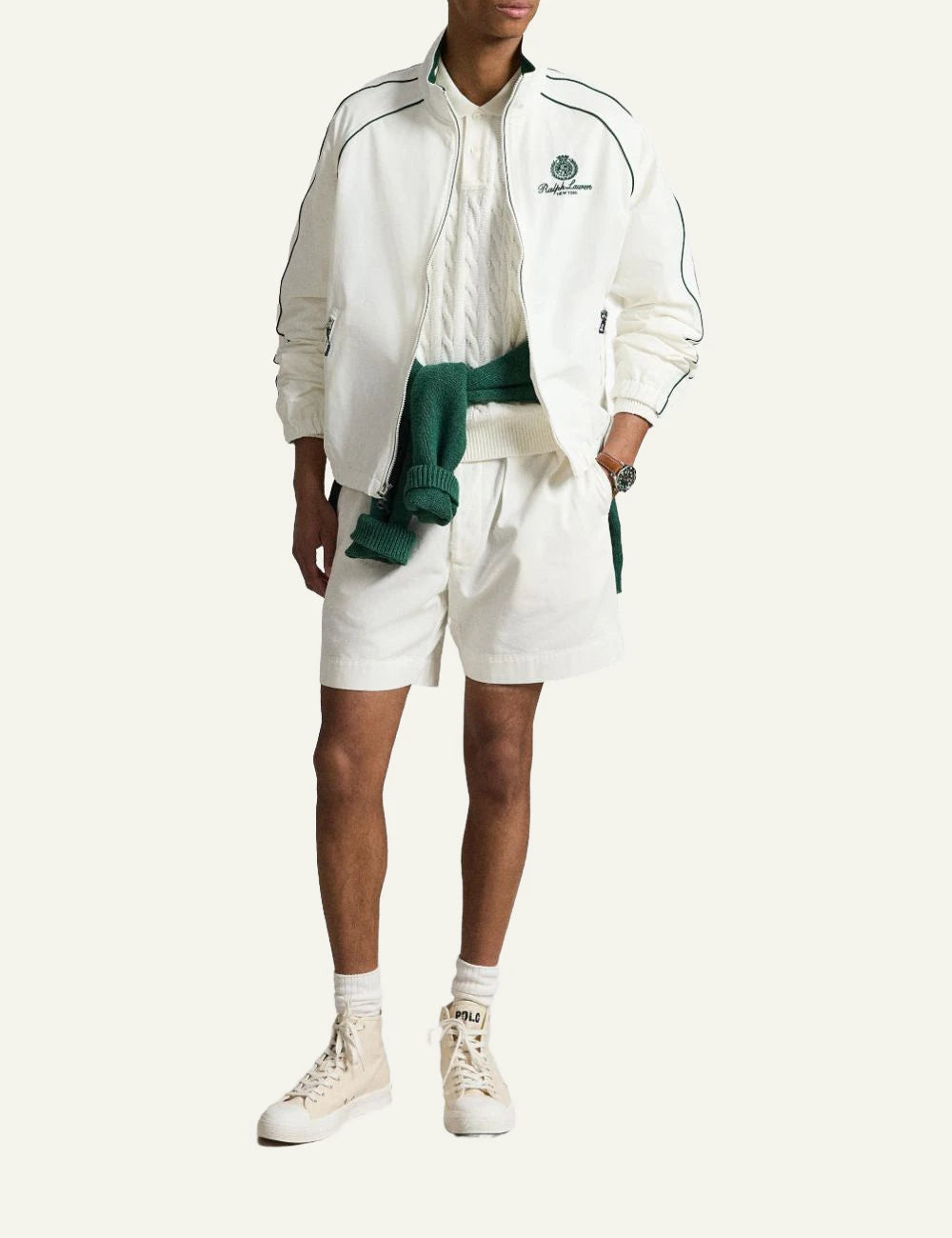 Polo Ralph Lauren white zip jacket with green piping front full body view