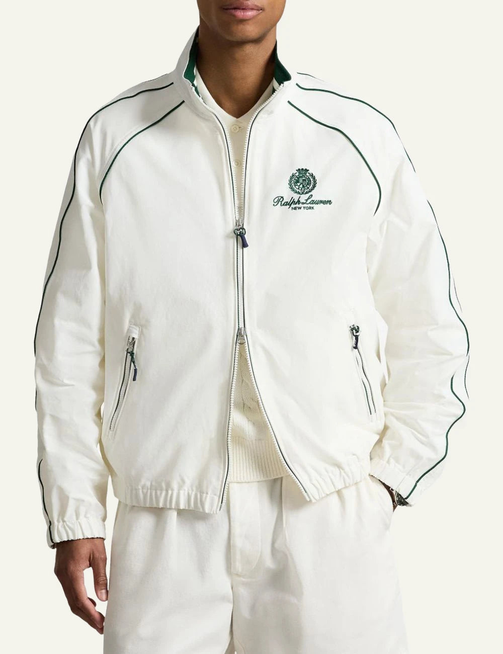 Polo Ralph Lauren white zip jacket with green piping front model view