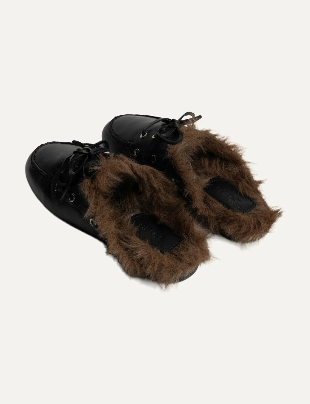 Posa Women’s Black Leather Shearling-Lined Mules back view fur details