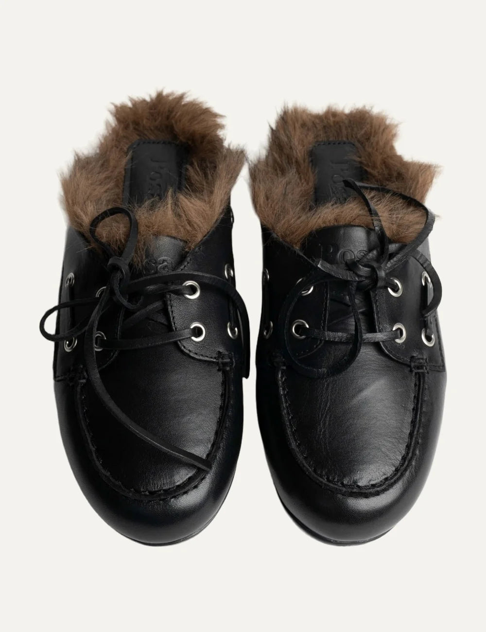 Posa Women’s Black Leather Shearling-Lined Mules top view