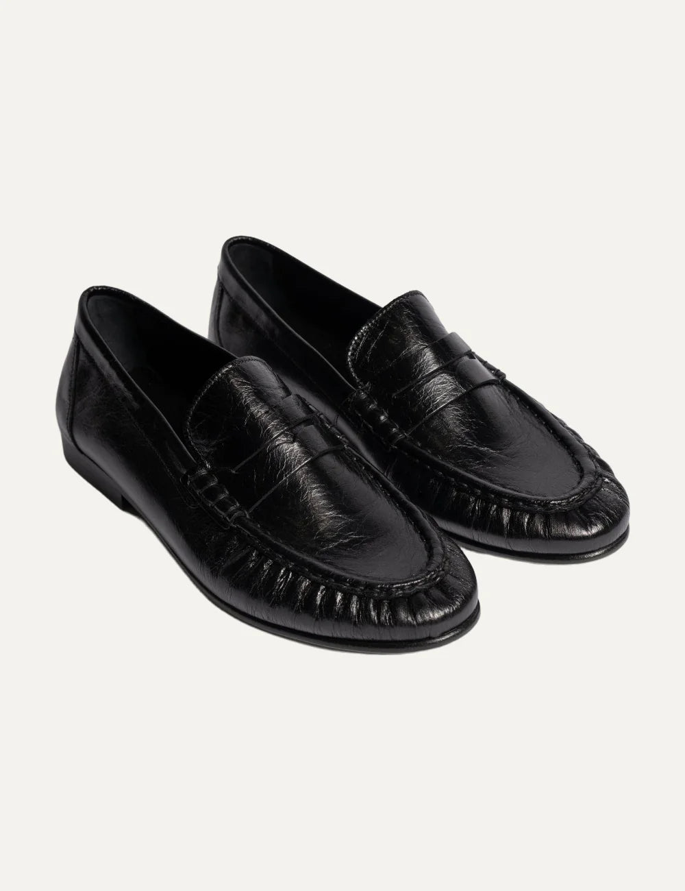  Posa Women’s Black Shiny Leather Penny Loafers pair side view