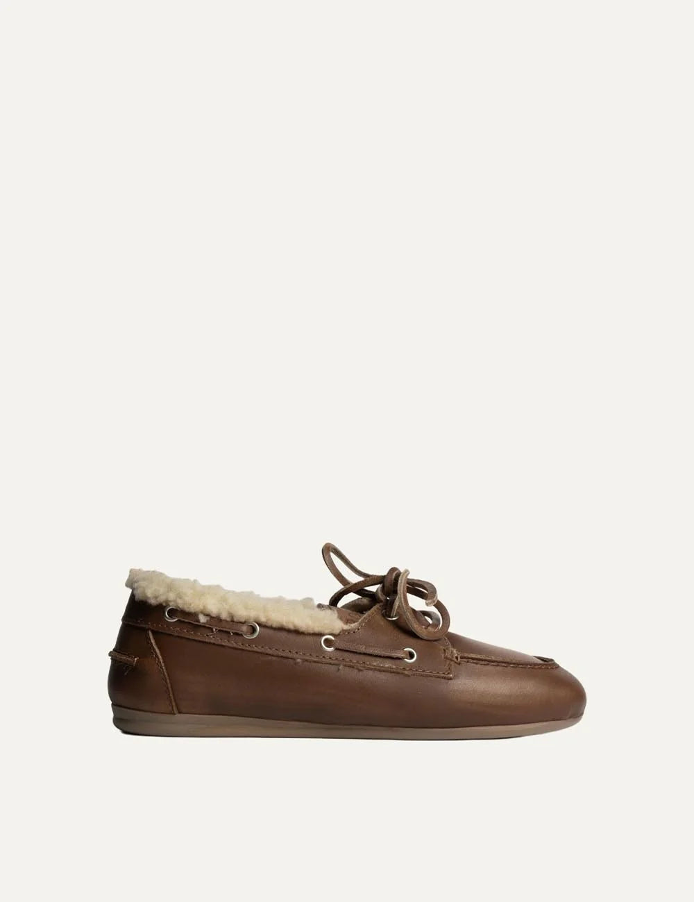 Posa Women’s Brown Leather Shearling-Lined Boat Loafers side view