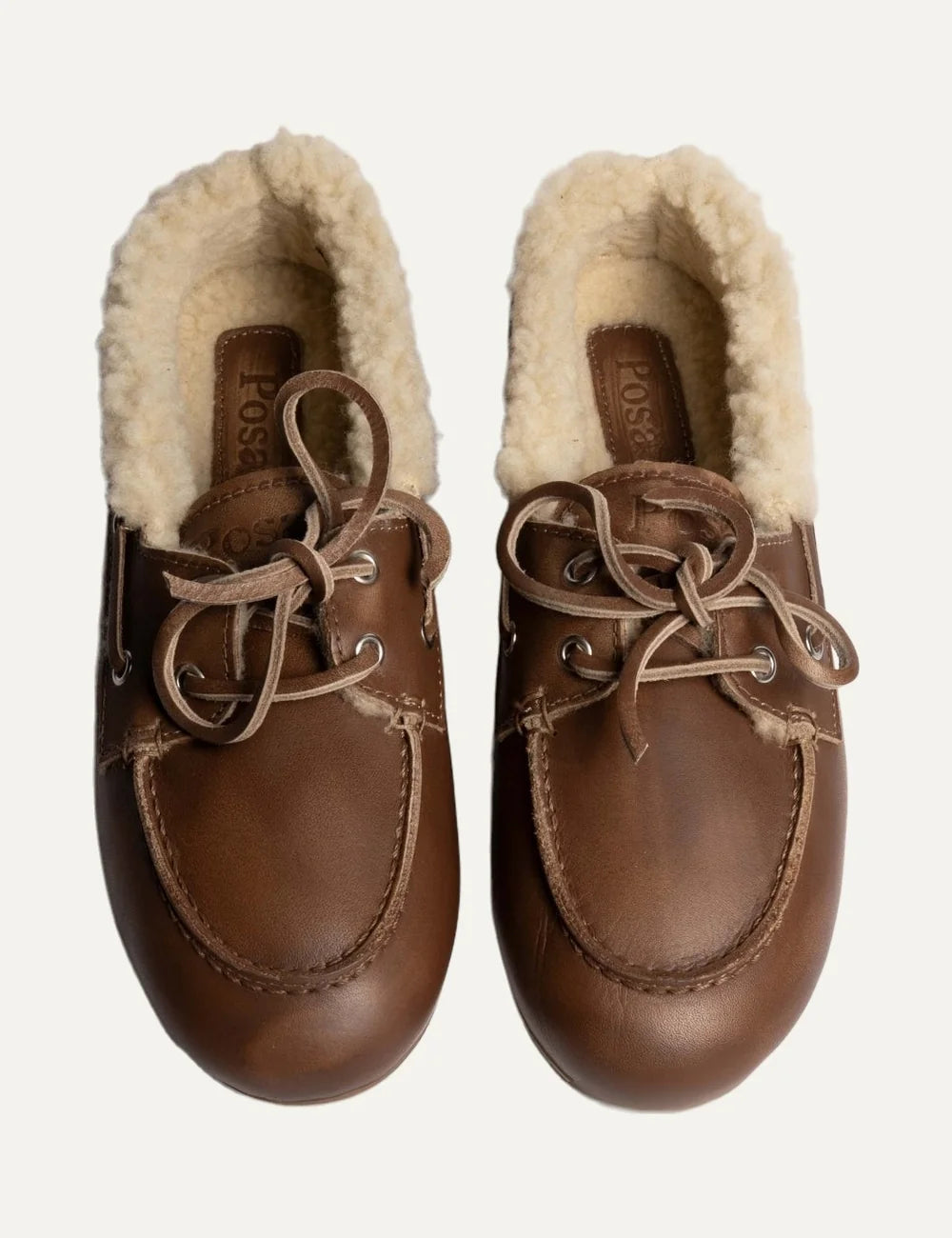 Posa Women’s Brown Leather Shearling-Lined Boat Loafers pair top view