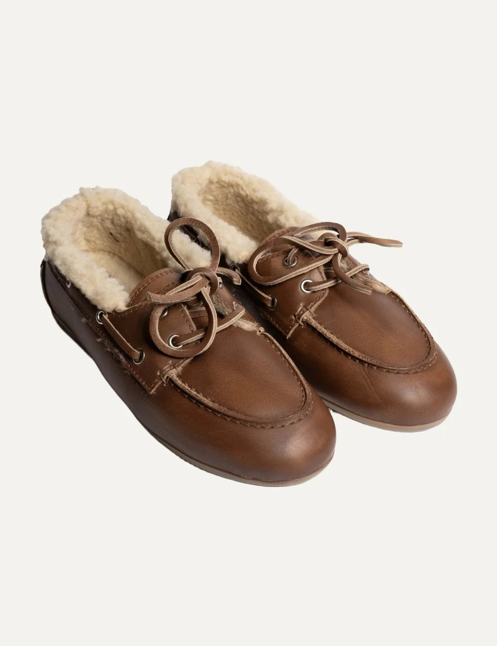 Posa Women’s Brown Leather Shearling-Lined Boat Loafers pair side view