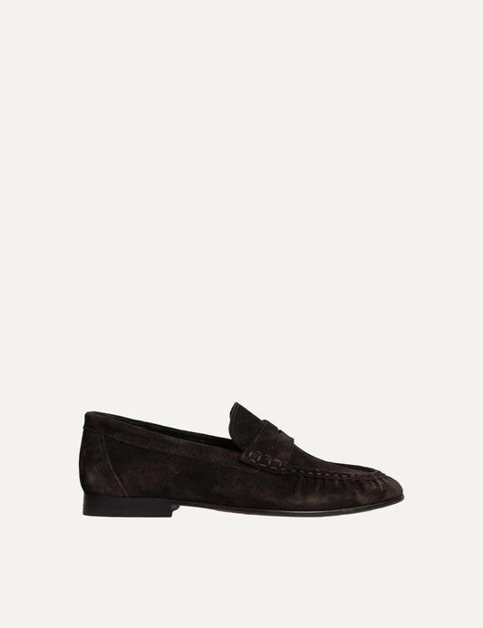 Posa Women’s Dark Brown Suede Penny Loafers side view