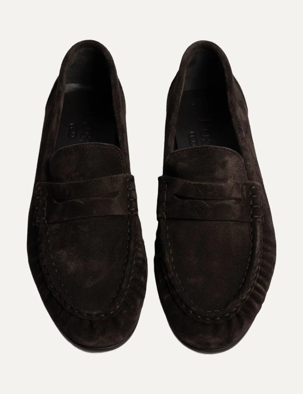 Posa Women’s Dark Brown Suede Penny Loafers top view