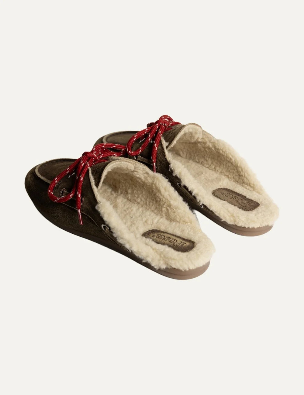 Posa Women’s Dark Brown Suede Shearling Boat Loafer Mules back view