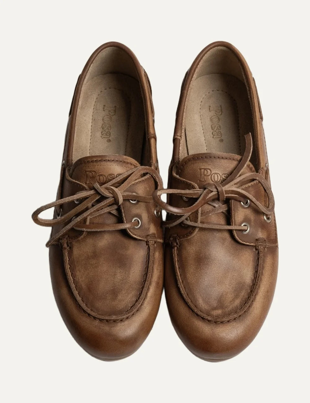Posa Women’s Light Brown Leather Boat Loafers top view