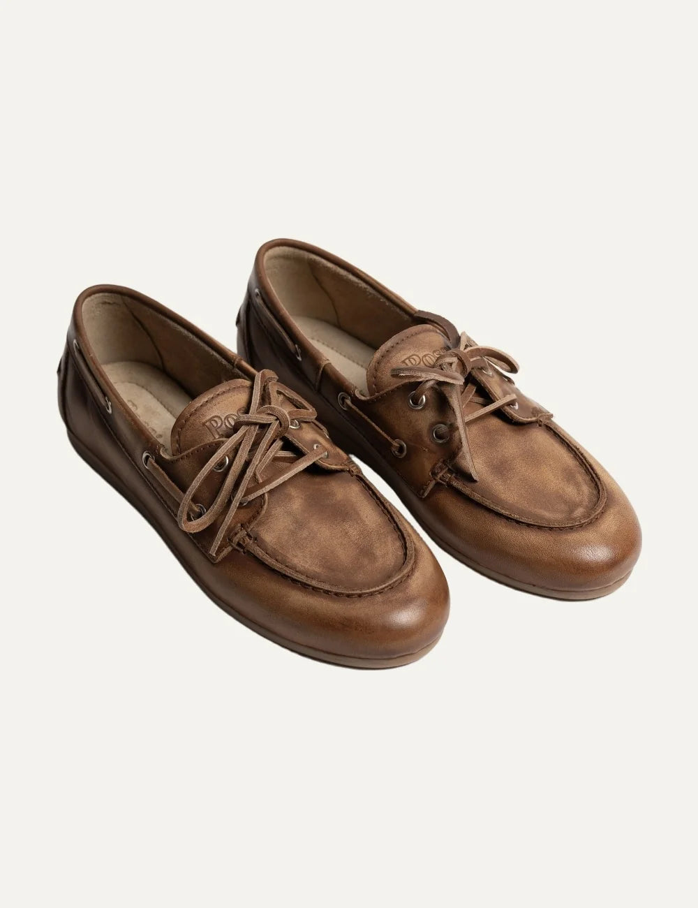 Posa Women’s Light Brown Leather Boat Loafers front angle view