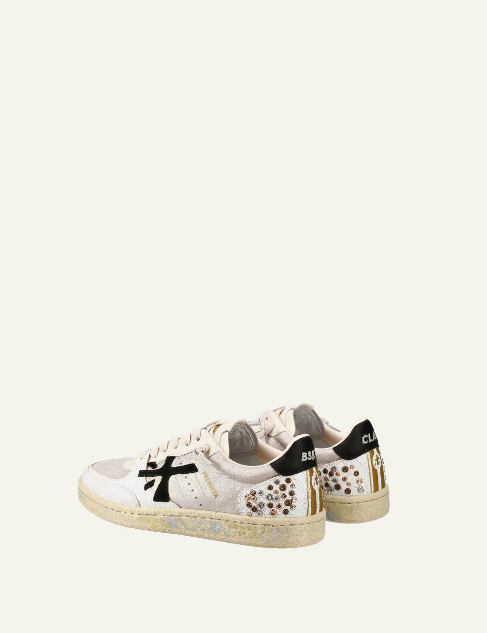 Premiata Istrice sneaker white leather black logo studs heel back view