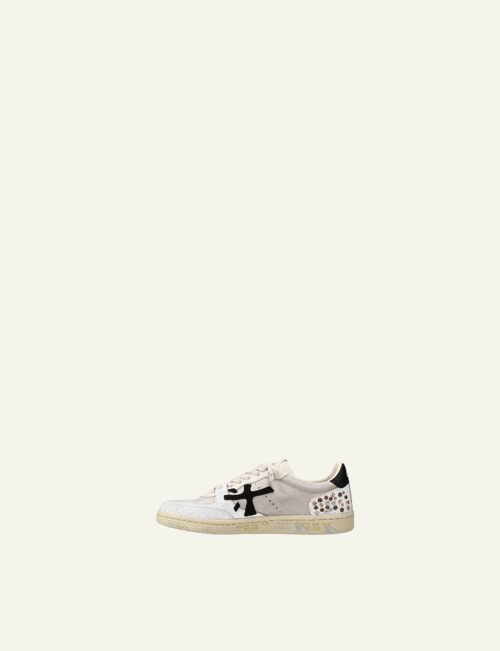 Premiata Istrice sneaker white leather black logo studs heel profile view