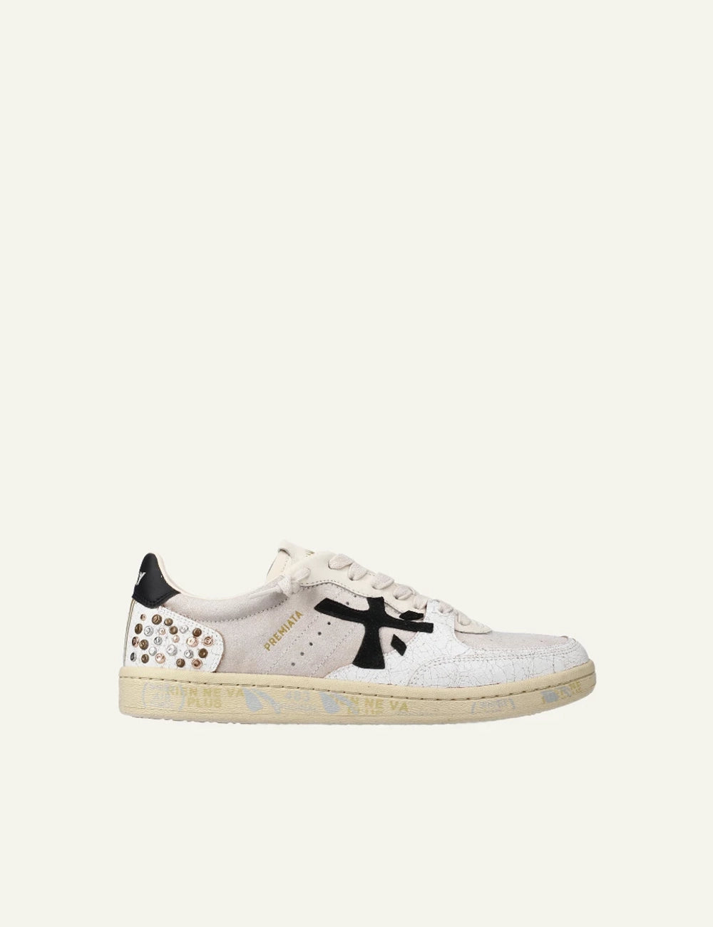 Premiata Istrice sneaker white leather black logo studs heel side view