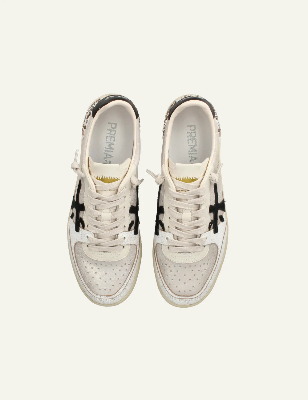 Premiata Istrice sneaker white leather black logo studs heel top view