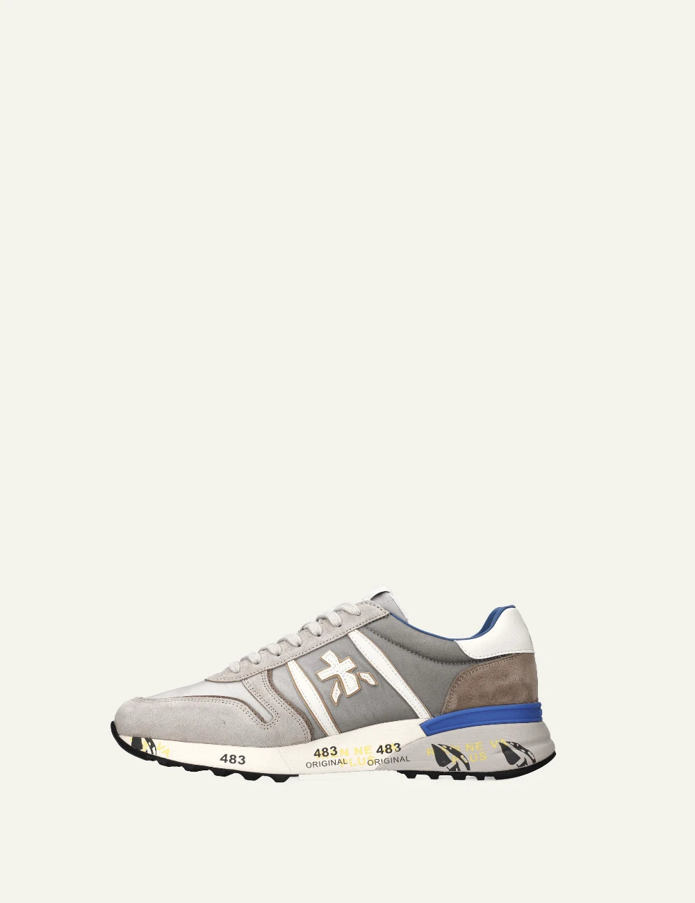 Premiata Lander sneaker grey suede nylon profile view