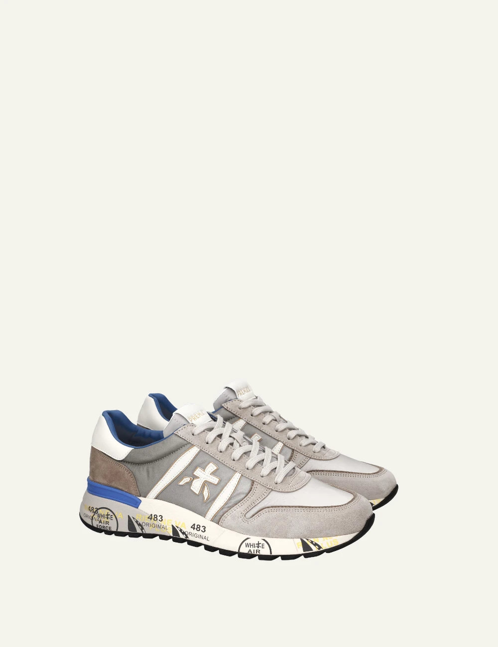 Premiata Lander sneaker grey suede nylon side angled view