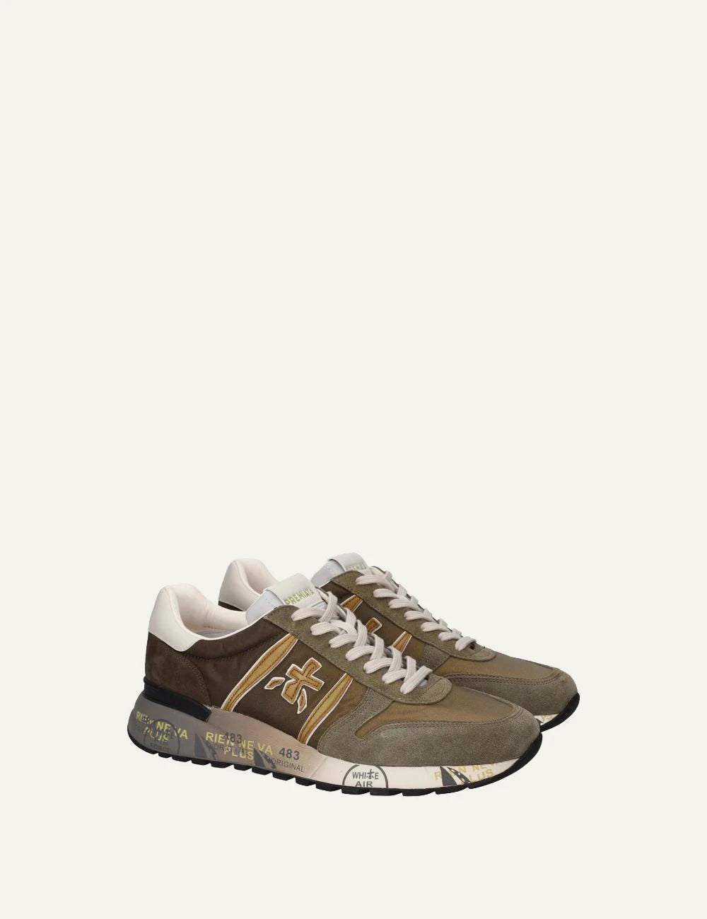 Premiata Lander sneakers khaki brown suede nylon angled view