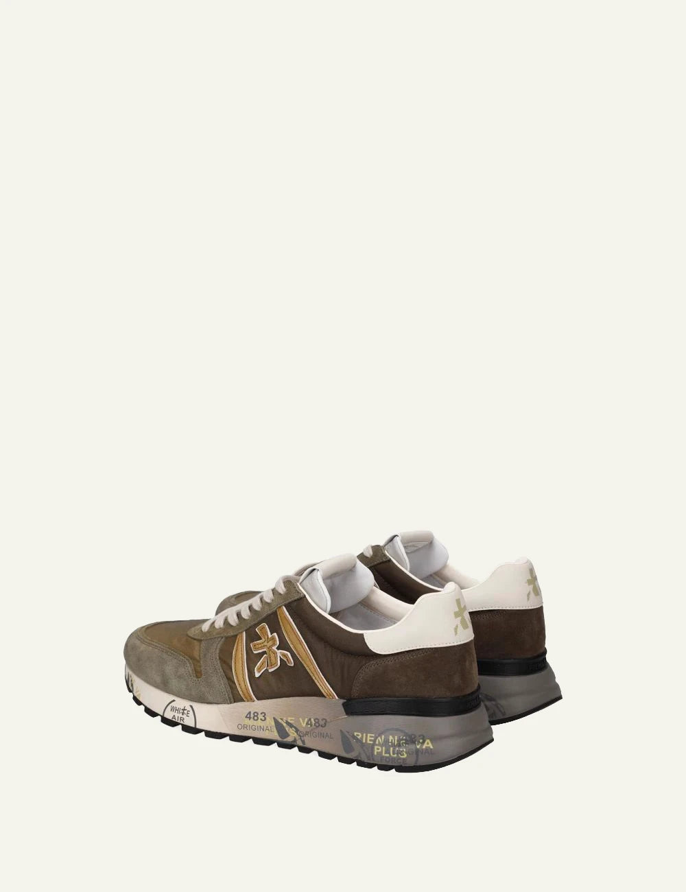 Premiata Lander sneakers khaki brown suede nylon back view
