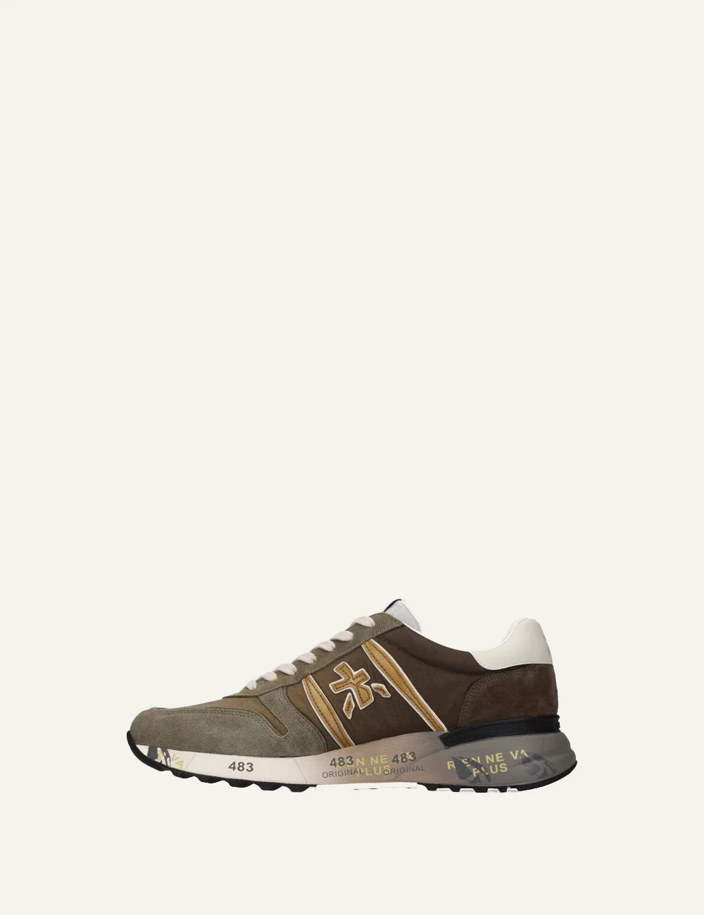 Premiata Lander sneakers khaki brown suede nylon profile view