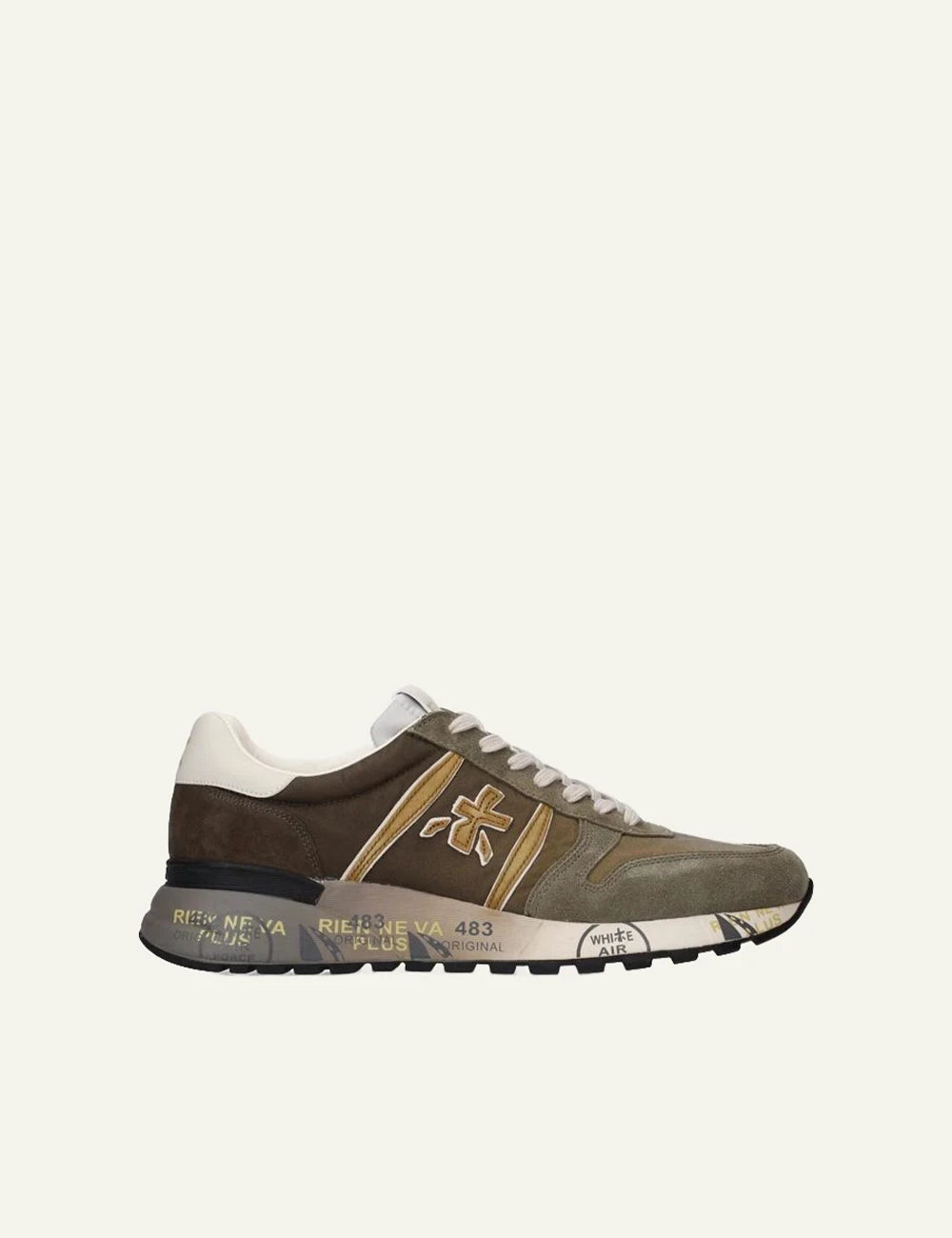 Premiata Lander sneakers khaki brown suede nylon side view