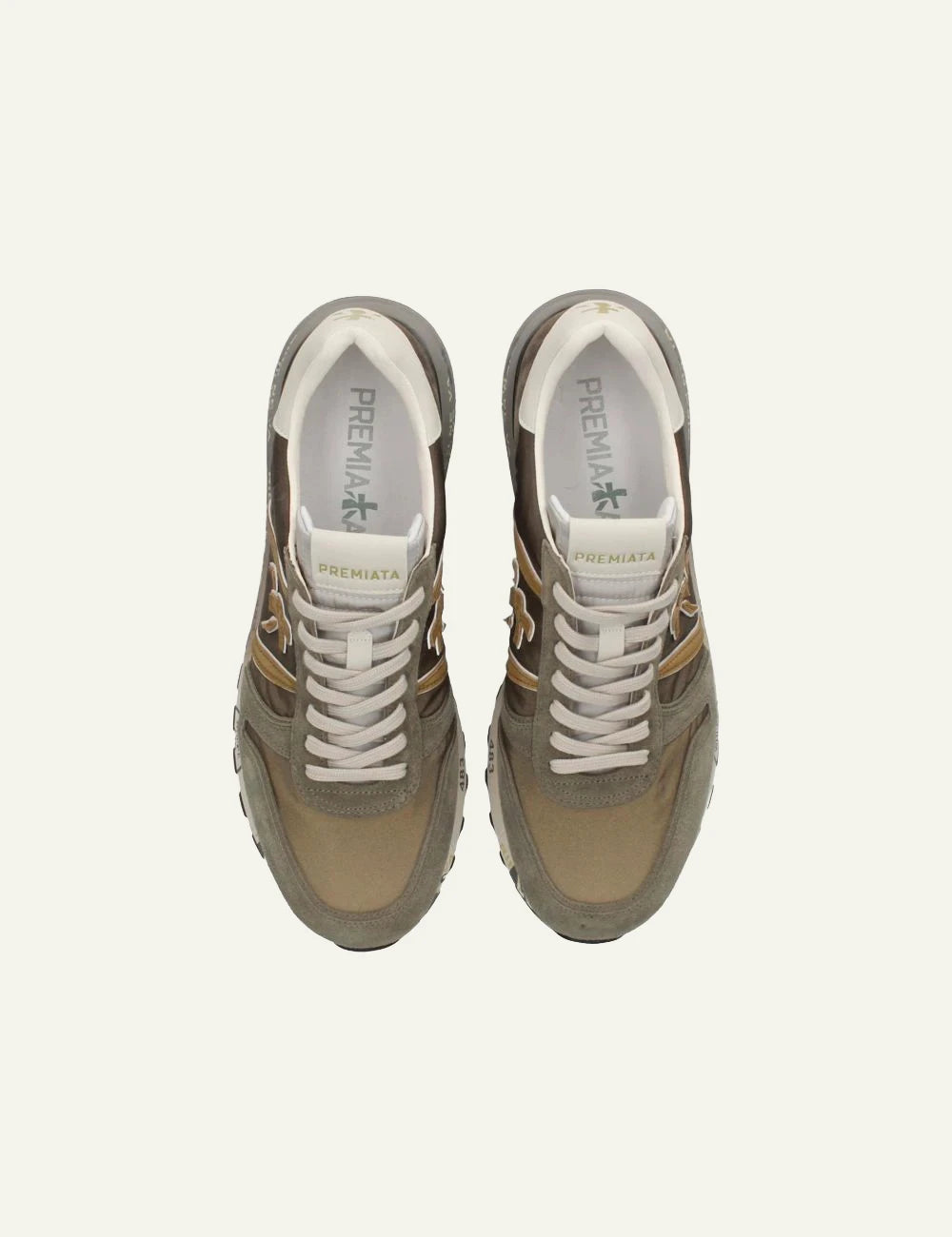 Premiata Lander sneakers khaki brown suede nylon top view