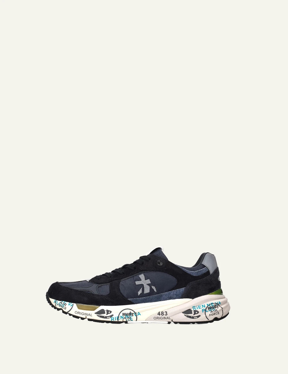 Premiata Mase sneaker navy suede mesh profile view