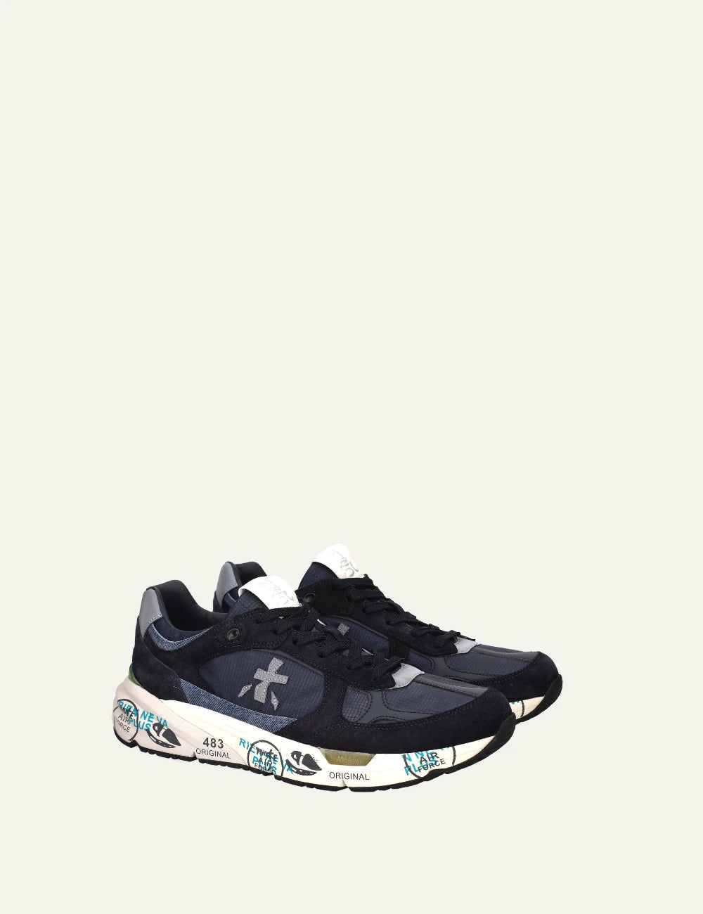 Premiata Mase sneaker navy suede mesh side angled view