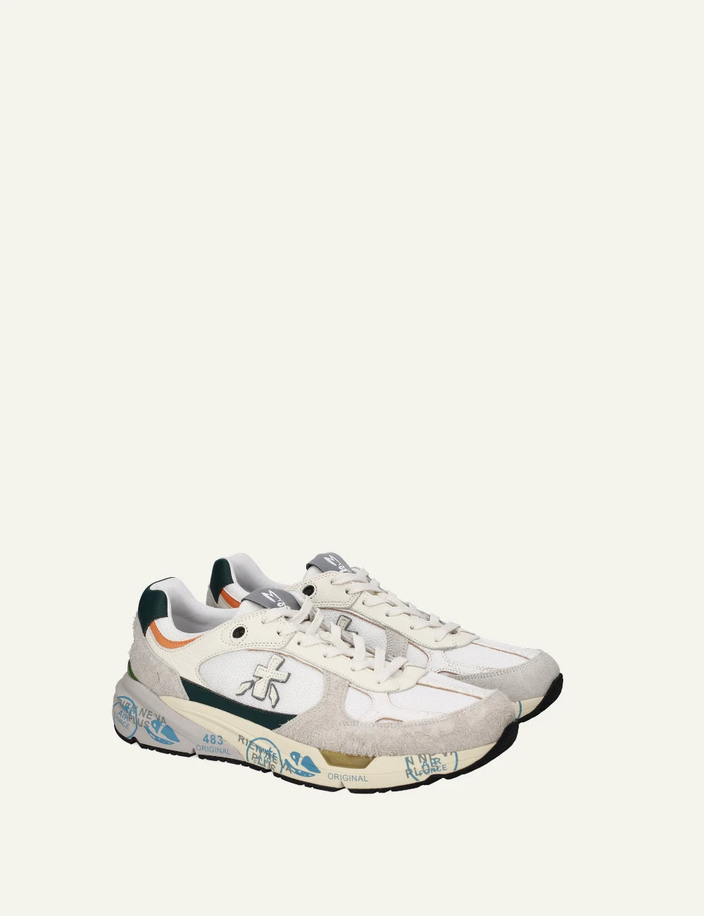 Premiata Mase sneaker white suede mesh side angled view