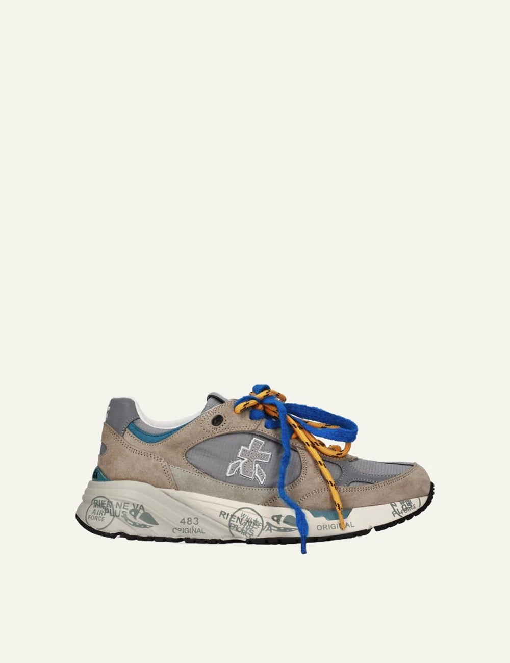 Premiata men's beige and grey suede sneakers with blue and orange laces