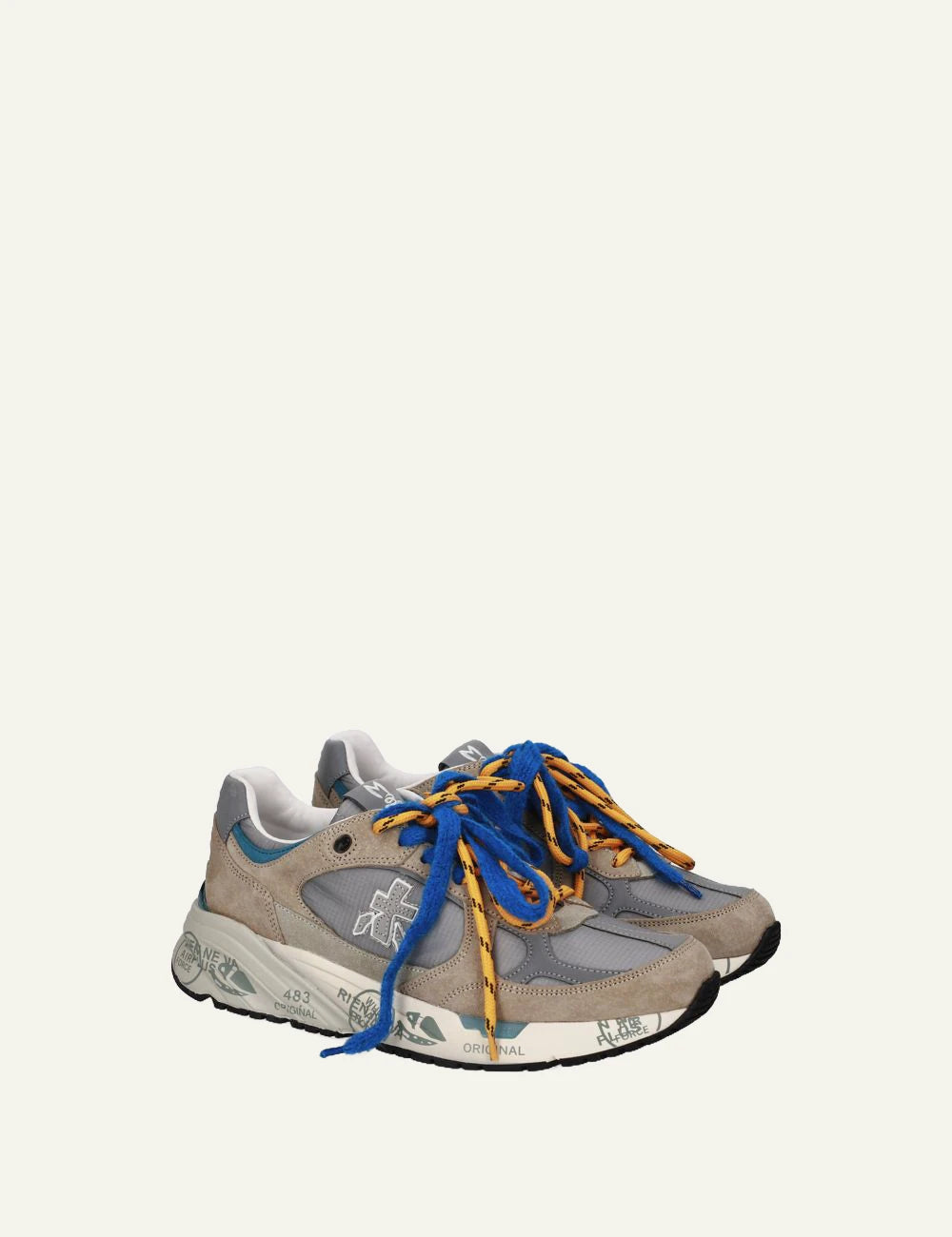 Premiata men's beige and grey suede sneakers with blue and orange laces profile