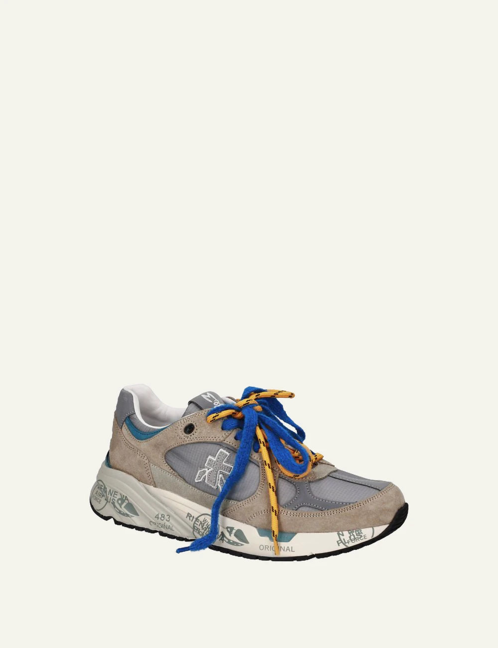 Premiata men's beige and grey suede sneakers with blue and orange laces angled