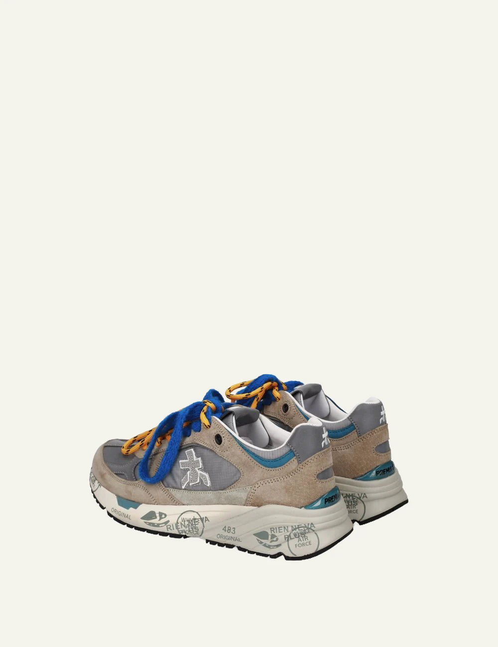 Premiata men's beige and grey suede sneakers with blue and orange laces back
