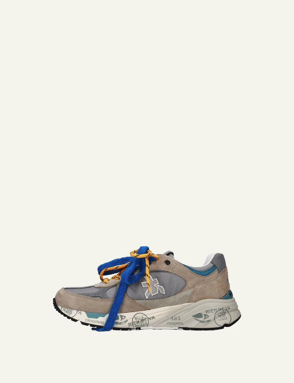 Premiata men's beige and grey suede sneakers with blue and orange laces profile