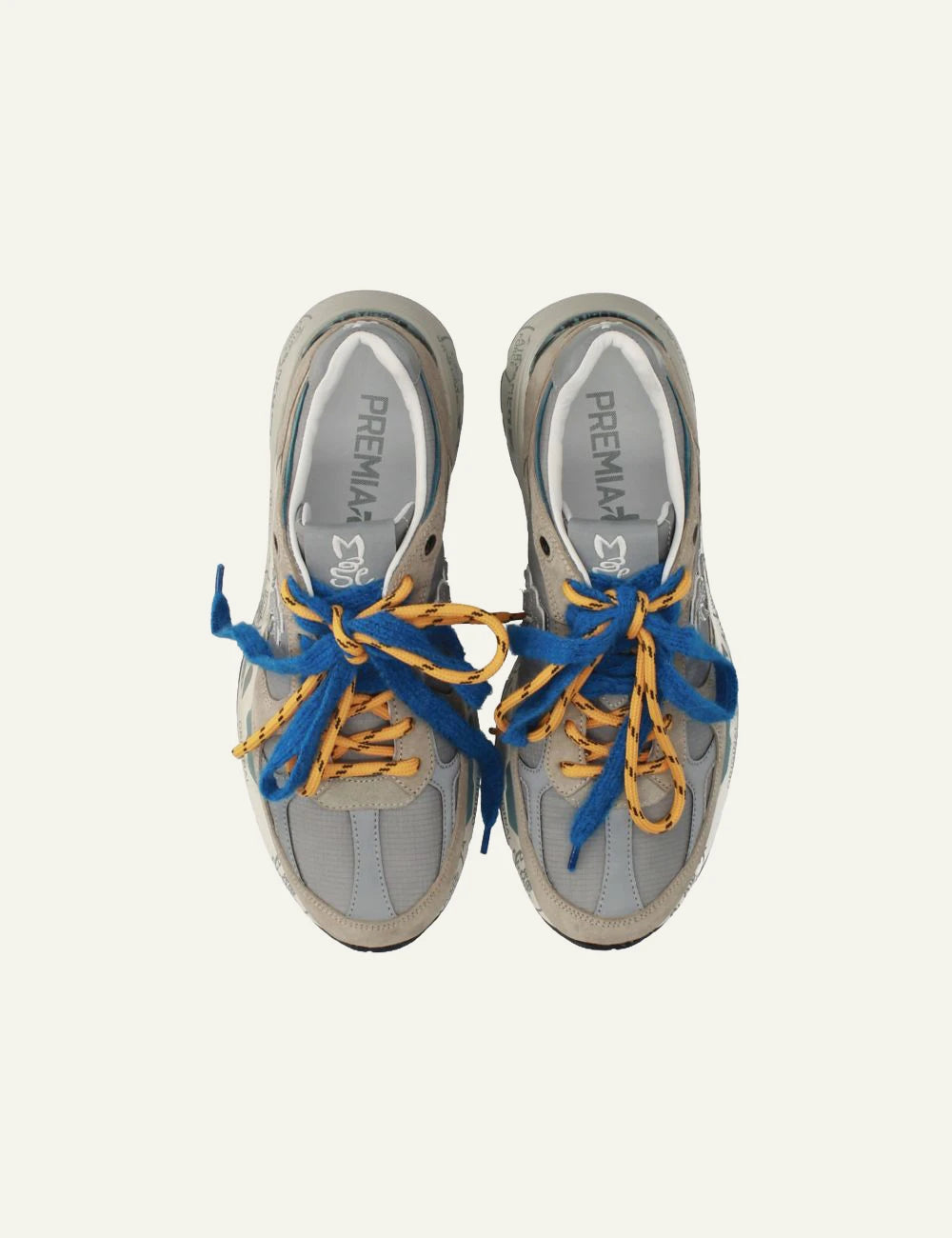 Premiata men's beige and grey suede sneakers with blue and orange laces top