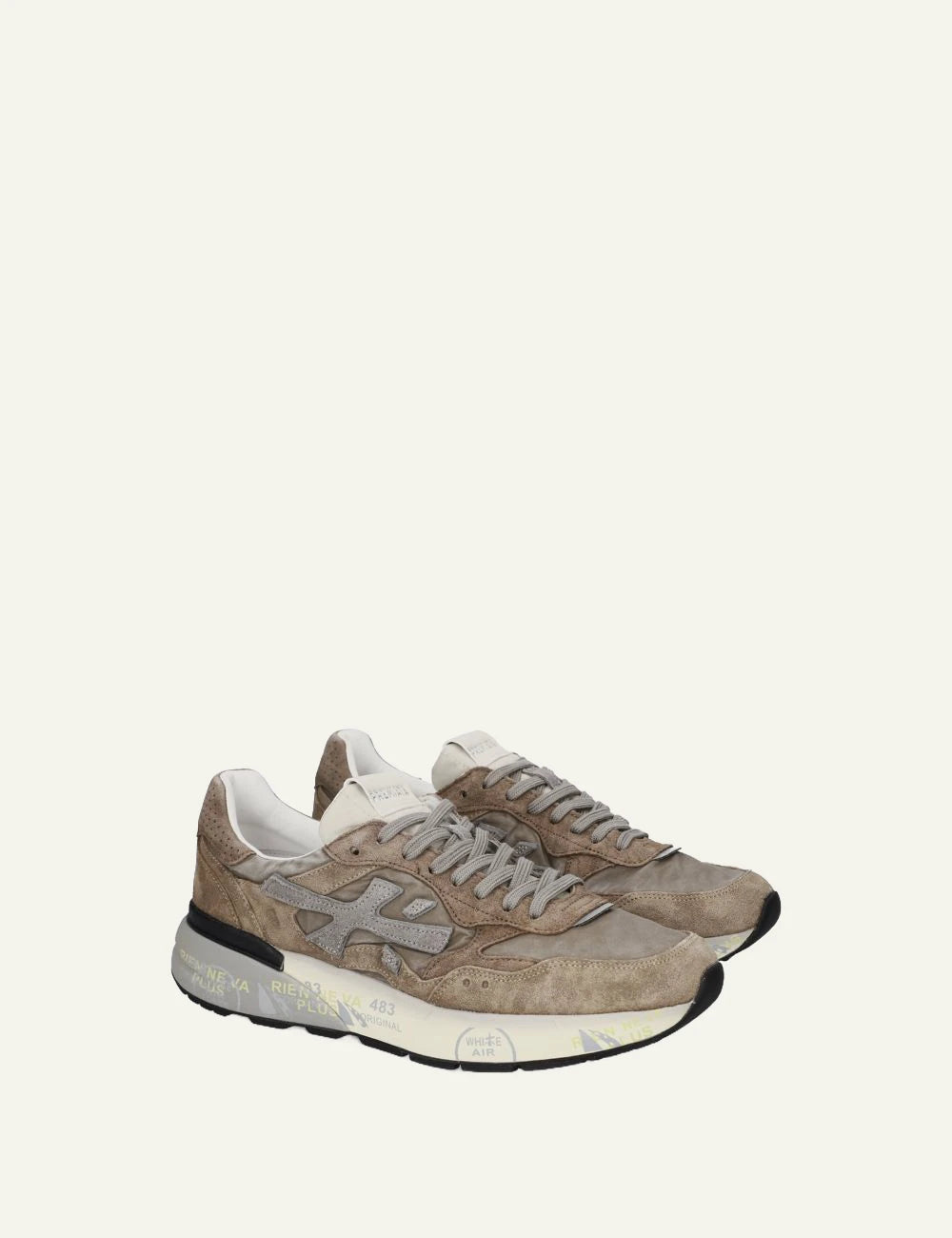 Premiata men's beige and taupe suede and mesh sneakers profile