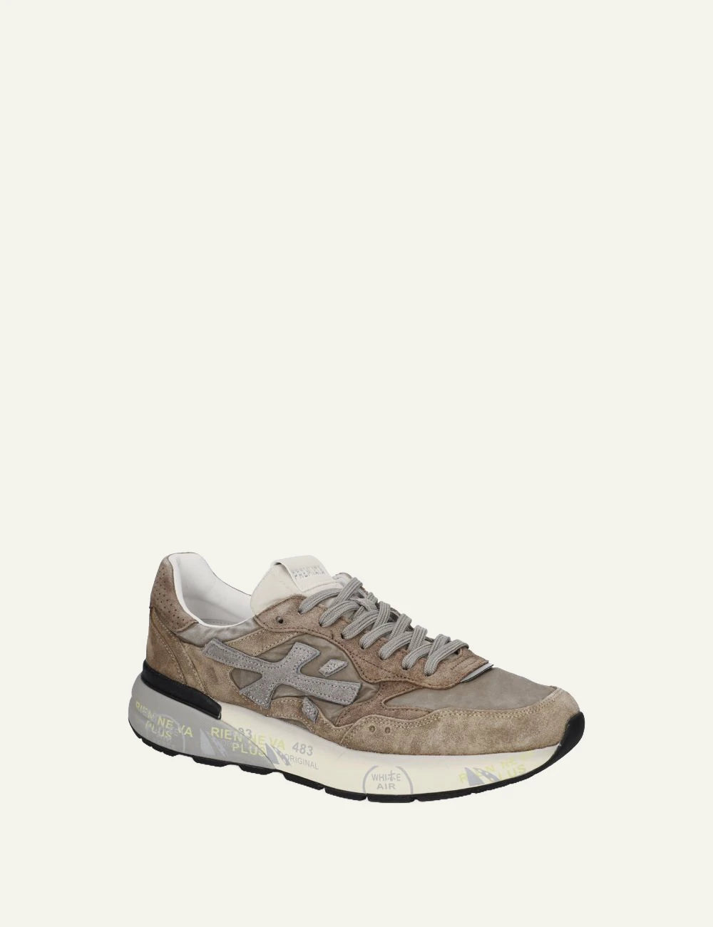 Premiata men's beige and taupe suede and mesh sneakers angled