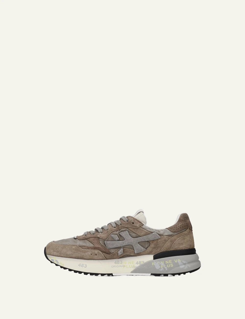 Premiata men's beige and taupe suede and mesh sneakers side