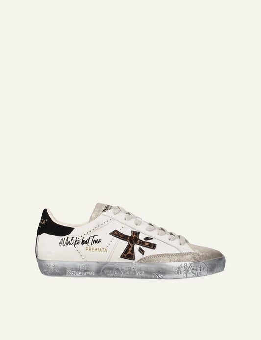 Premiata men's cream white leather and suede sneakers with animal print logo and gold details