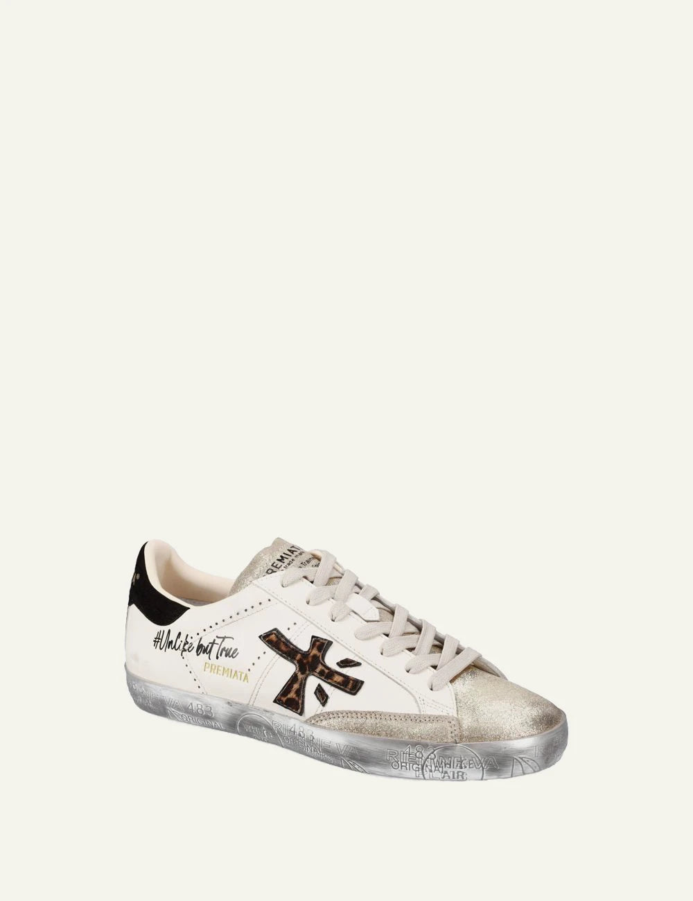Premiata men's cream white leather and suede sneakers with animal print logo and gold details angled