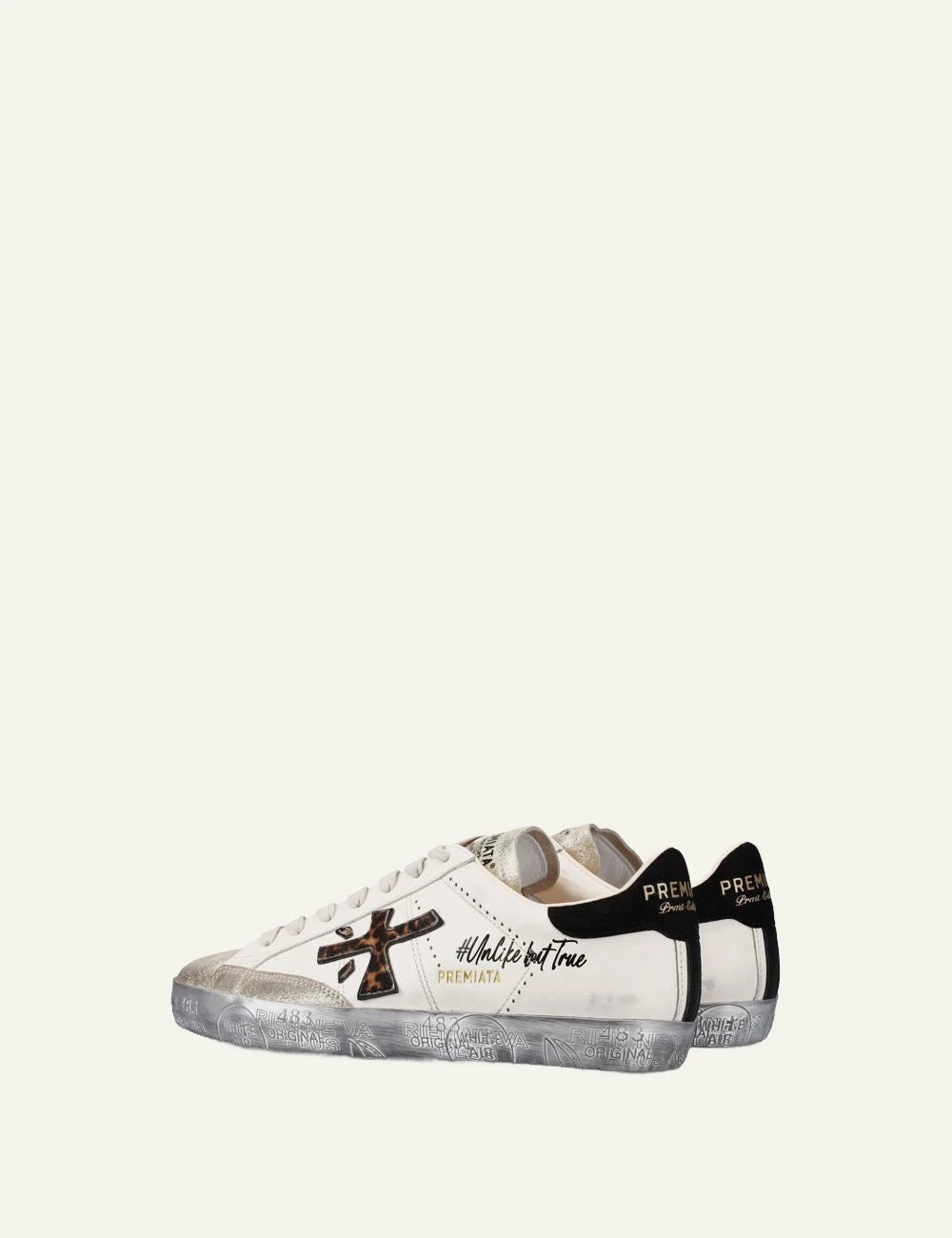 Premiata men's cream white leather and suede sneakers with animal print logo and gold details profile