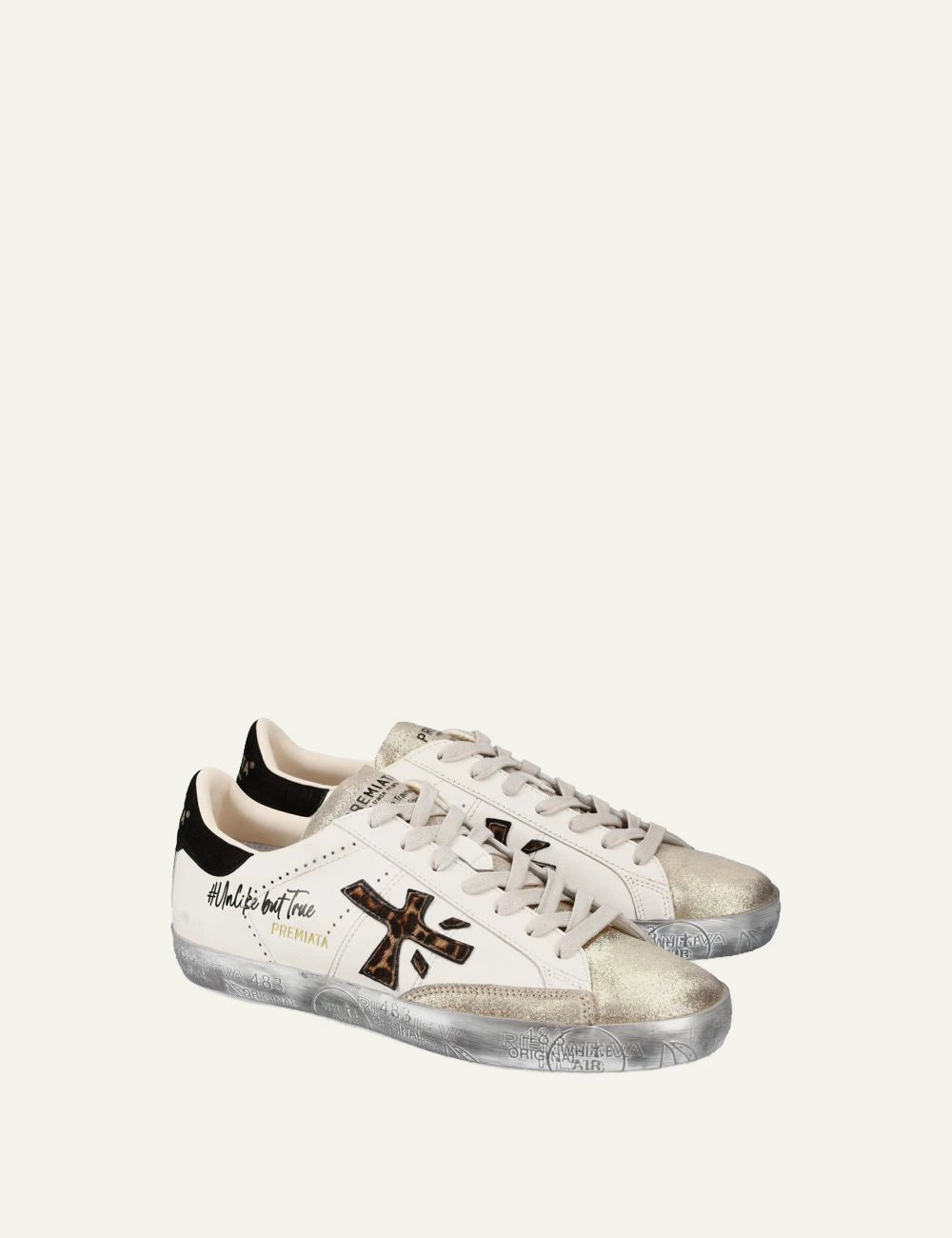Premiata men's cream white leather and suede sneakers with animal print logo and gold details side
