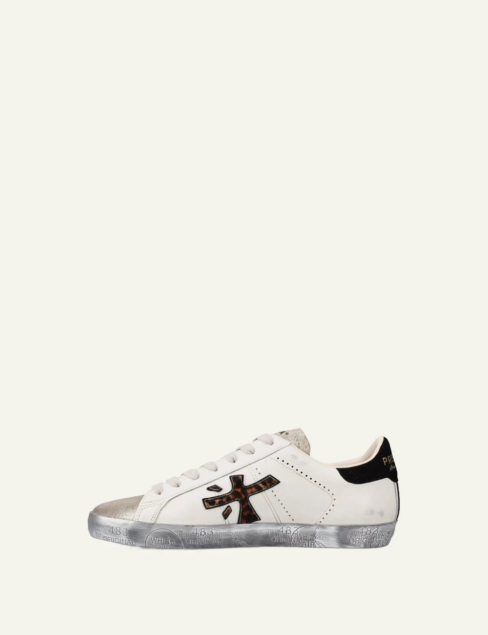 Premiata men's cream white leather and suede sneakers with animal print logo and gold details profile